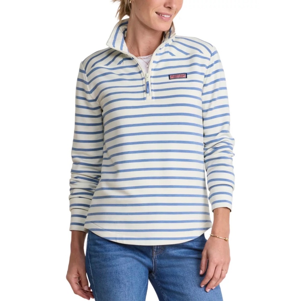 Vineyard Vines Womens Dreamcloth Striped Shep Shirt 1/4 Zip Pullover White Flag